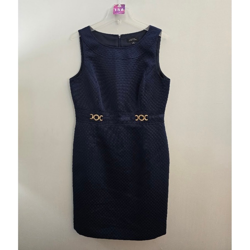 Tahari Arthur S. Levine Womens Sheath Dress Navy Blue Basketweave Gold Size 10